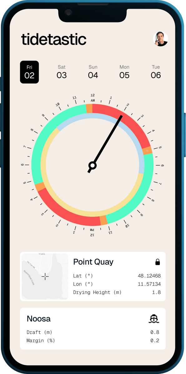 Tidetastic app showing a 24-hour tide clock with green, amber, and red access windows for a saved location